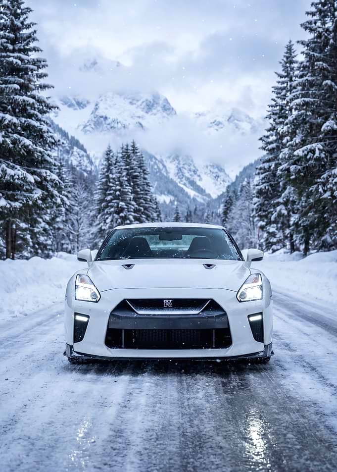 White Nissan GT-R in Snowy Mountains