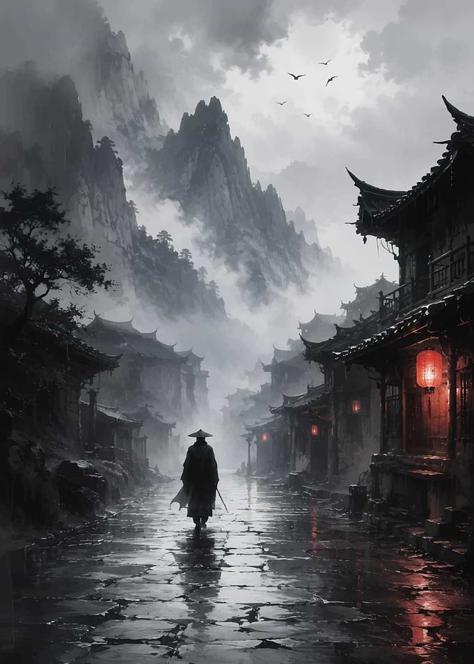 Samurai in Misty Asian Village