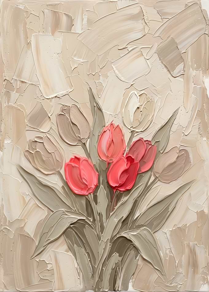 Textured Coral Tulips Bouquet Painting