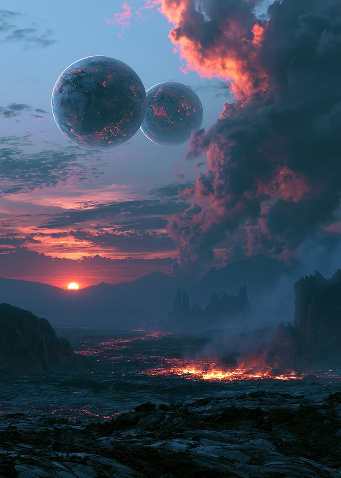 Alien Lava Landscape with Twin Planets