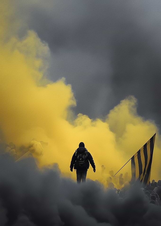 Person walking through yellow smoke