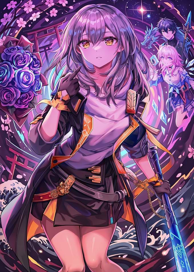 Anime Girl with Sword and Flowers