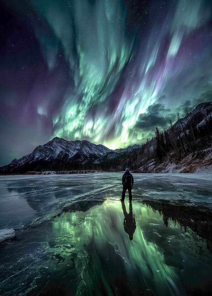 Man watches Aurora Borealis over frozen lake