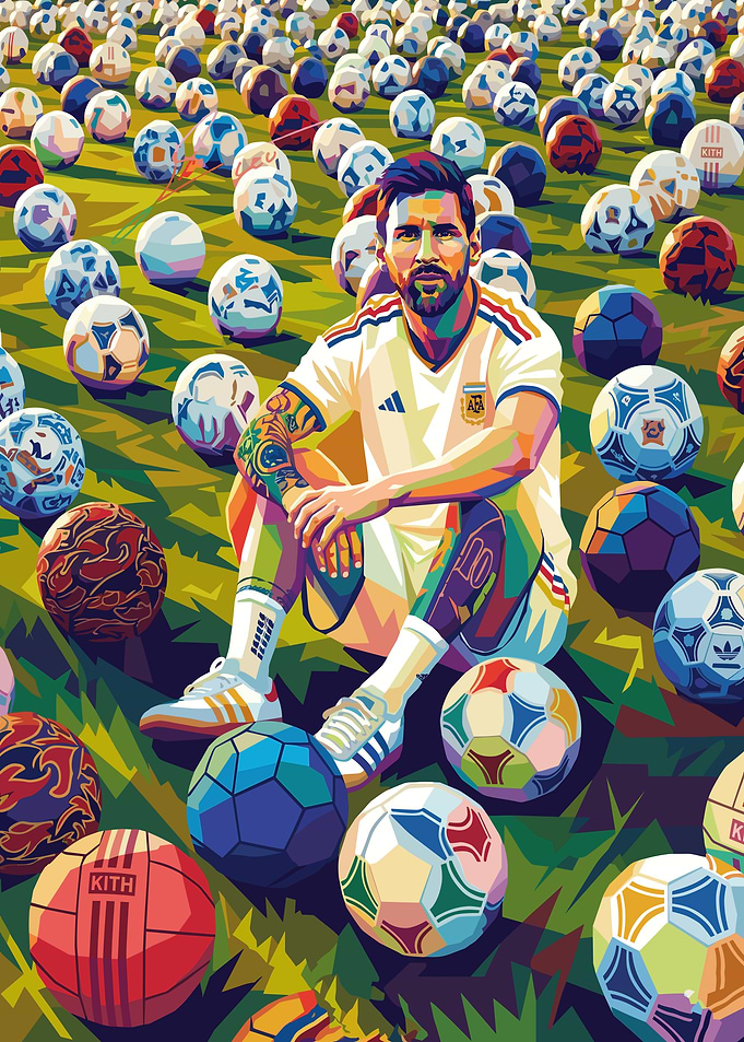 Lionel Messi surrounded by soccer balls