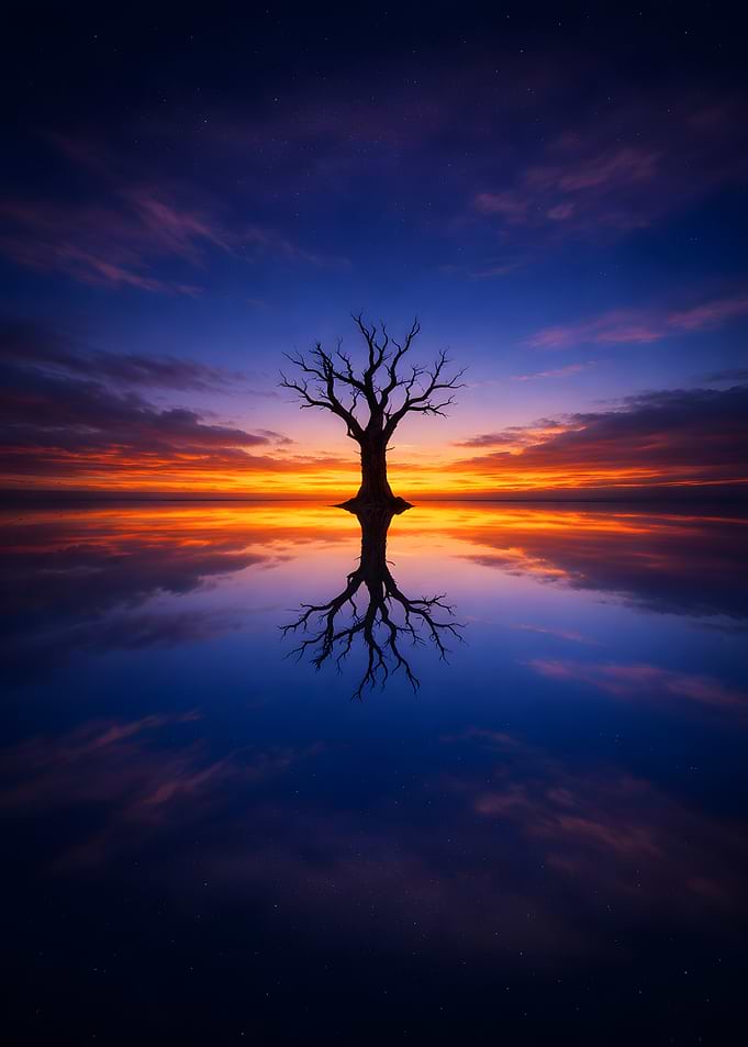 Solitary Tree Reflection at Sunset