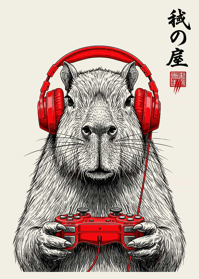 Gaming Capybara Japanese Style Poster Black and White Wall Art with Red Accents