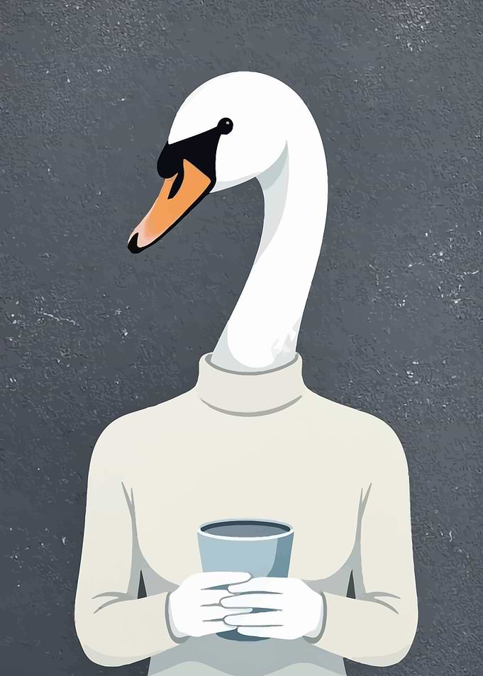 Swan in a turtleneck holding a cup