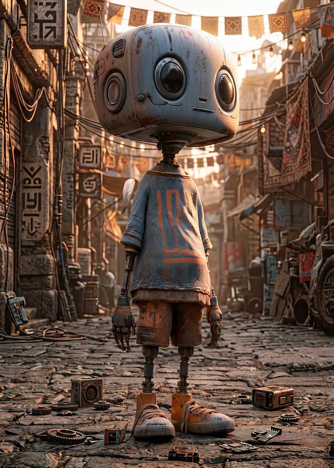 Robot in a bustling marketplace