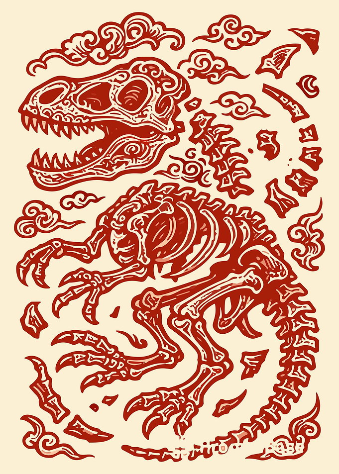 Japanese Dinosaur Skeleton Art – Vintage Ukiyo-E Inspired Fossil Poster