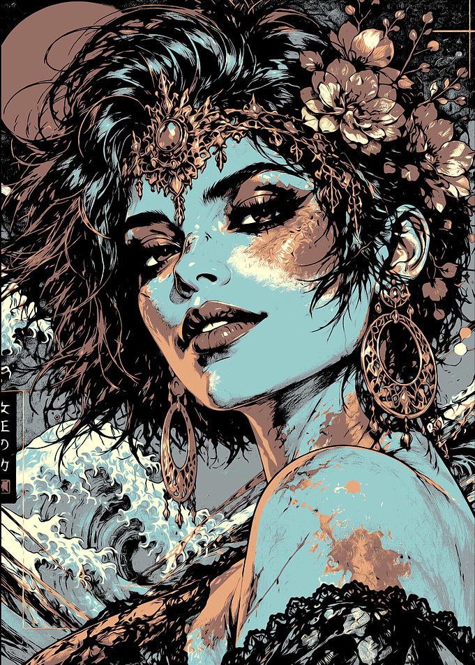 Enigmatic Woman with Floral Headdress and Waves