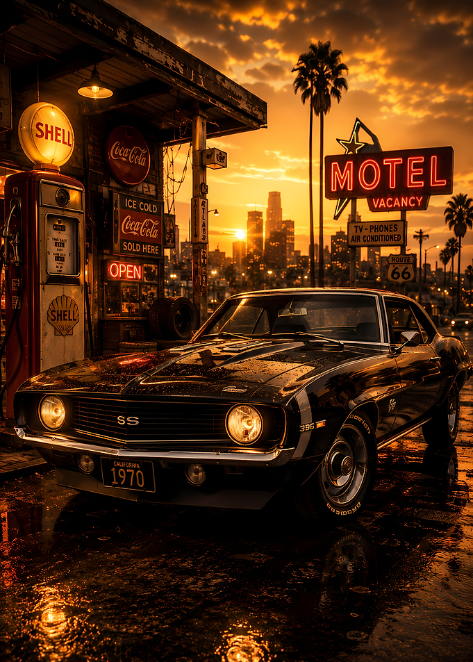 Classic Camaro at a Retro Gas Station