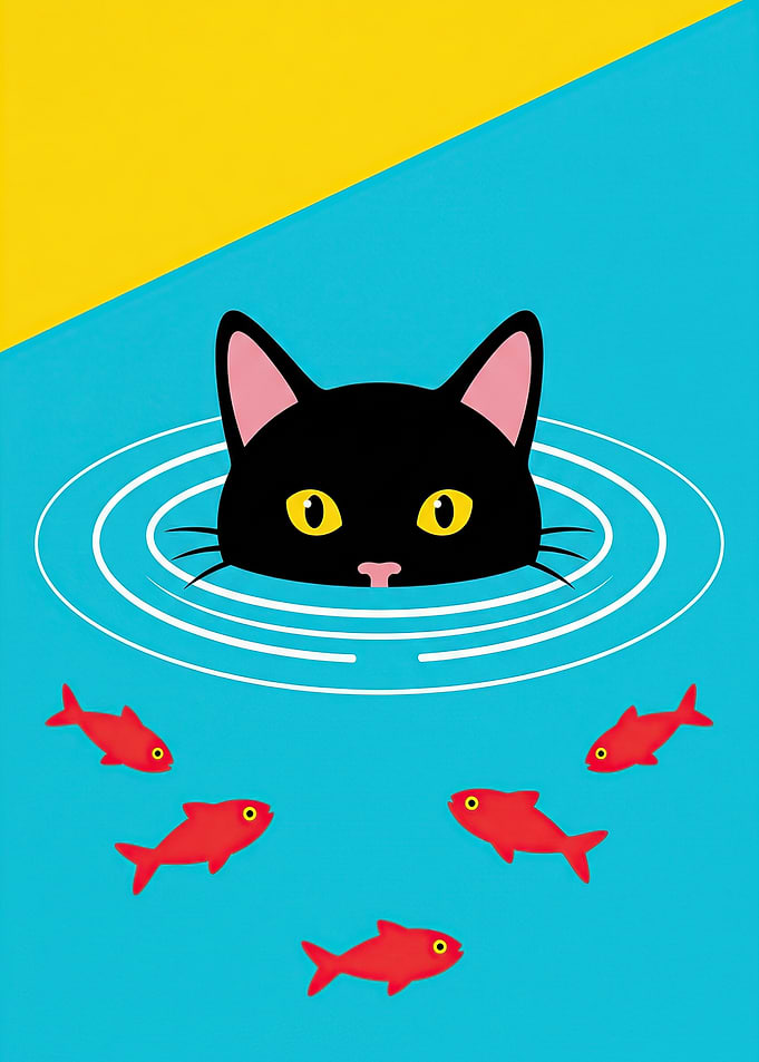 Black cat watching red fish