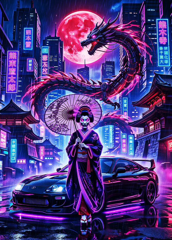 Cyberpunk Geisha and Dragon
