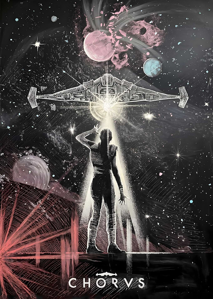 Sci-fi scene with spaceship and figure