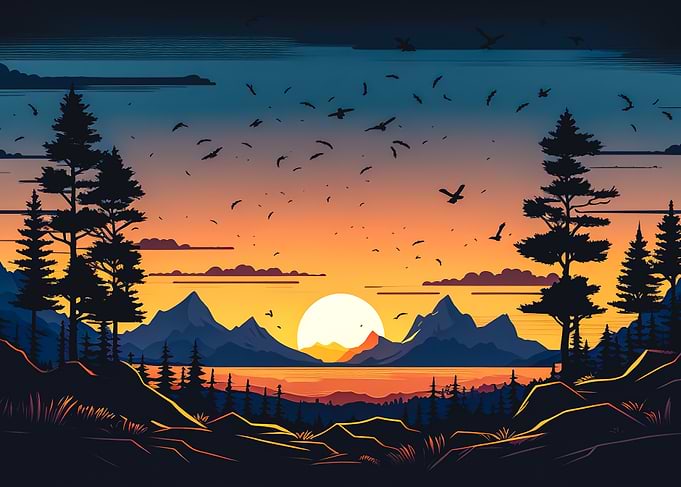 Sunset over mountains and lake