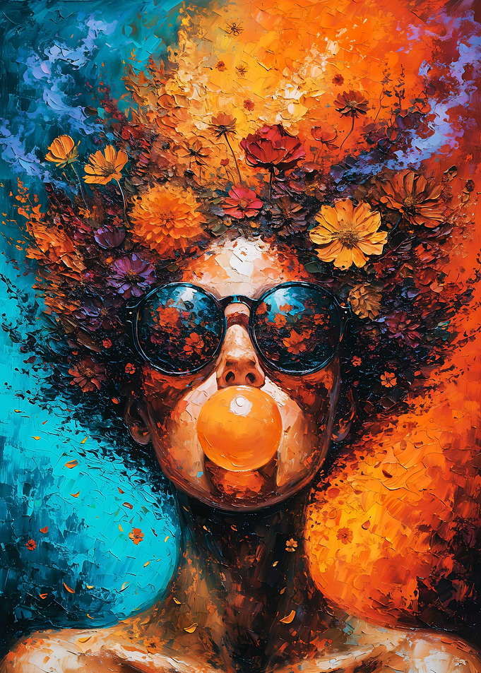Woman with a Floral Crown, Sunglasses, and Bubble Gum