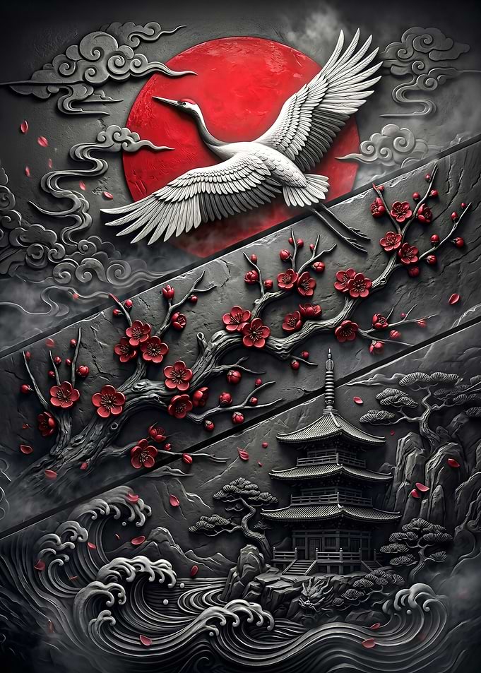 Japanese Crane and Pagoda Relief