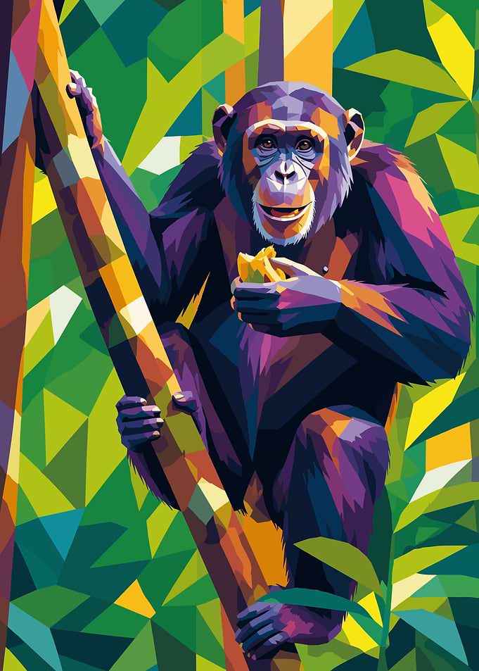 Chimpanzee eating banana in colorful forest