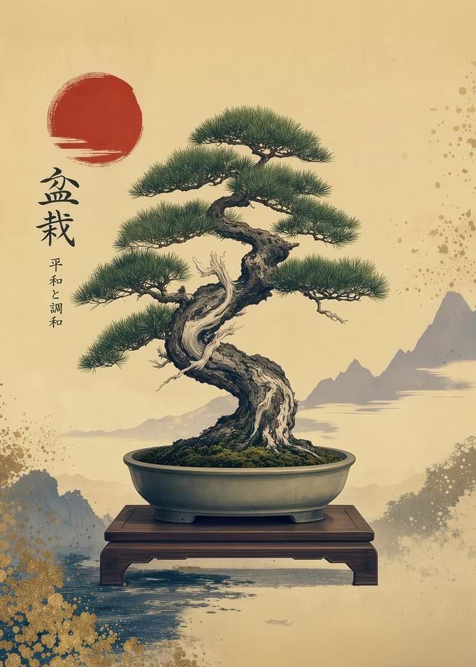 Bonsai Tree with Japanese Sun and Mountains