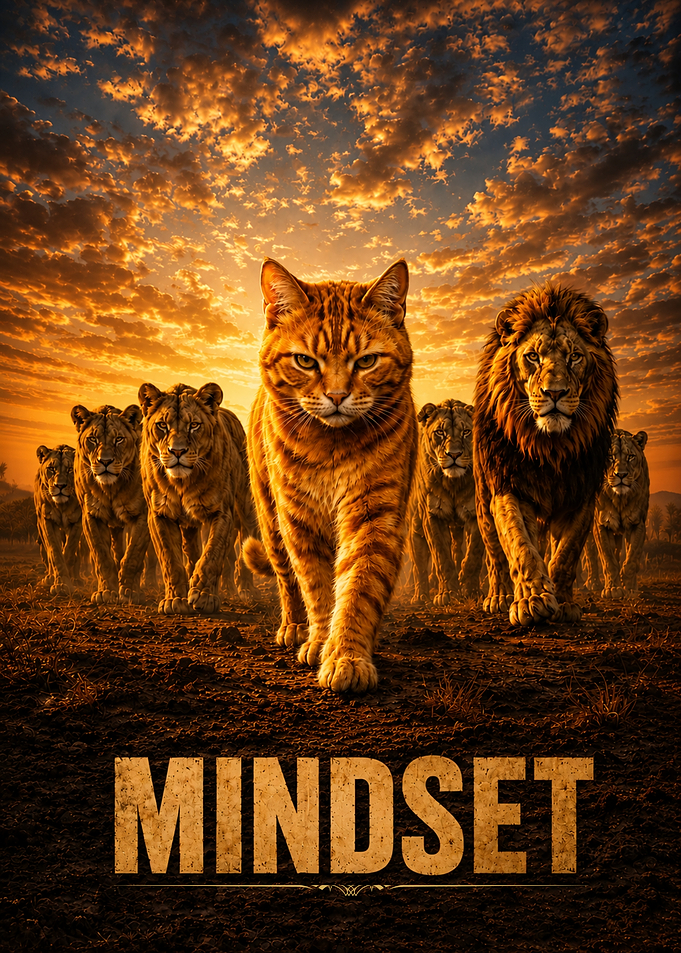 Orange Tabby Cat Leading Lions with 'Mindset' Text