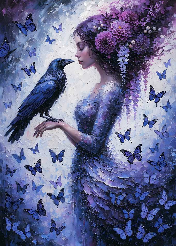 Woman with a Floral Crown, Raven, and Butterflies