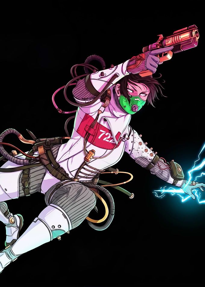Cyberpunk character with gun and lightning