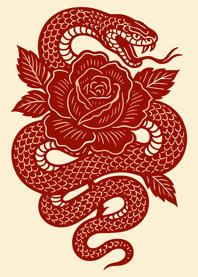 Red Snake and Rose Tattoo Style Poster Gothic Wall Art Illustration