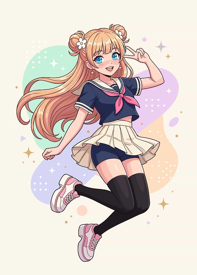 Anime Girl in Sailor Uniform Jumping