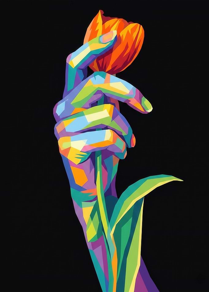 Colorful Hand Holding a Tulip