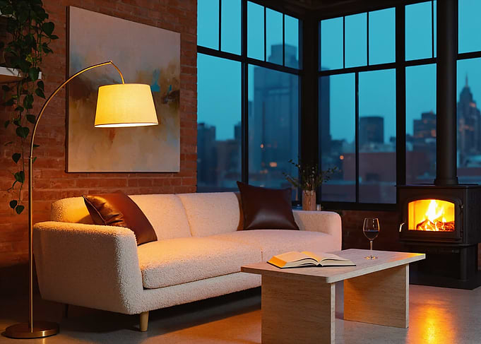 Cozy loft living room with city view