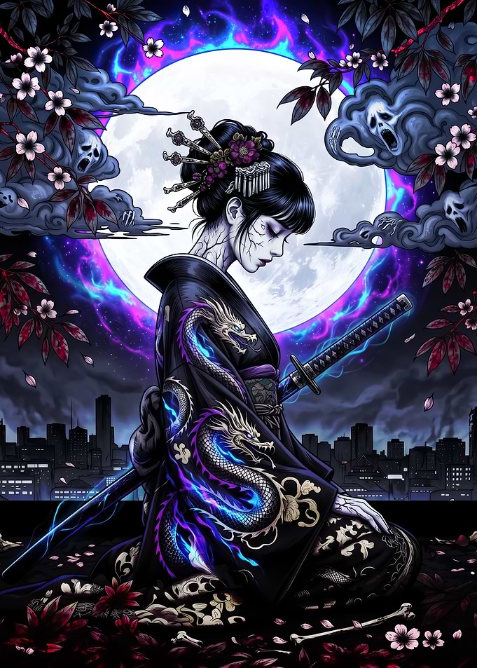 Geisha with Dragon Kimono and Katana