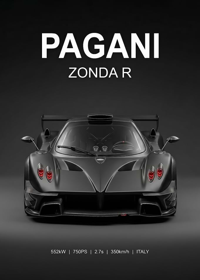 A front facing black Pagani Zonda R Car poster