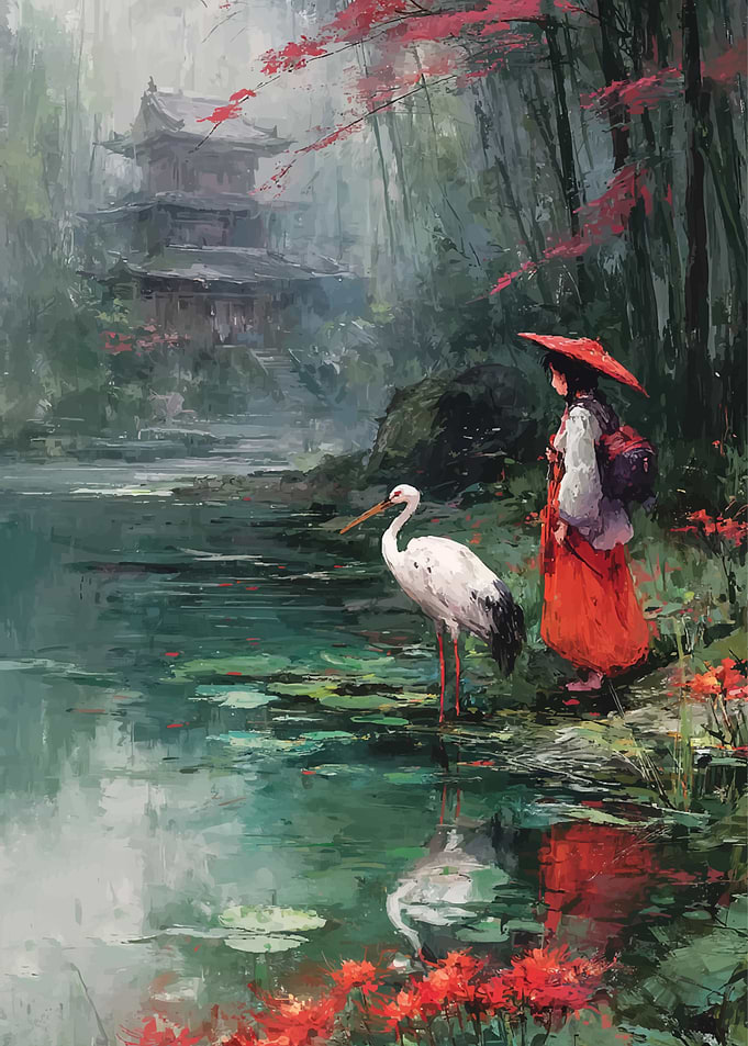 Japanese Temple Scene with Crane and Woman
