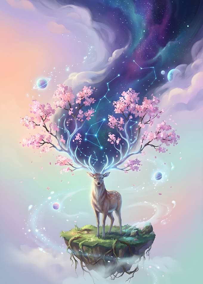 Celestial Deer with Cherry Blossom Antlers
