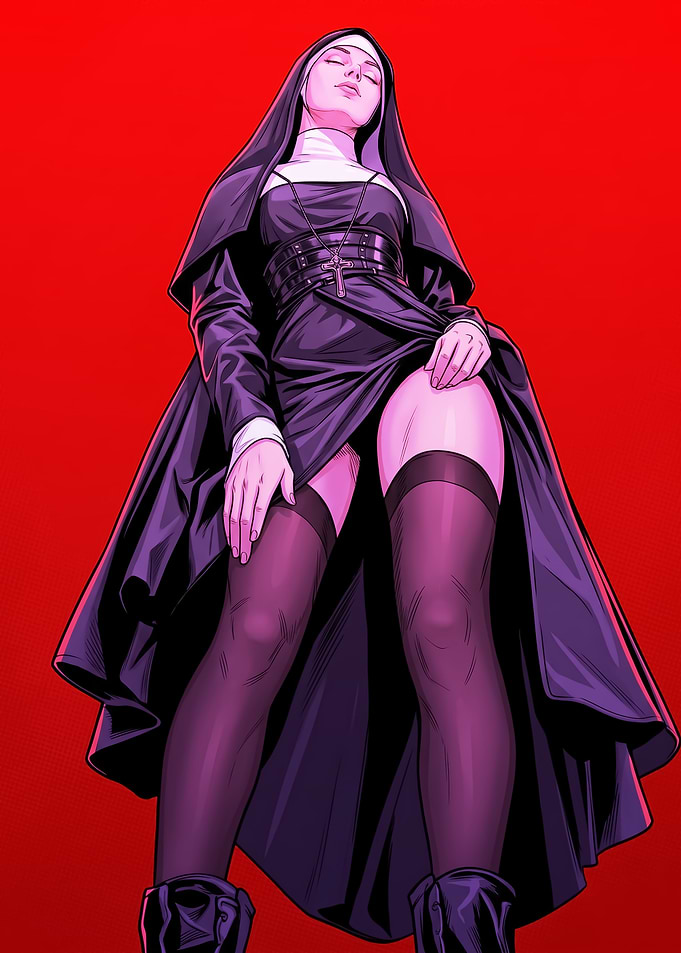 Nun in Black Dress and Stockings
