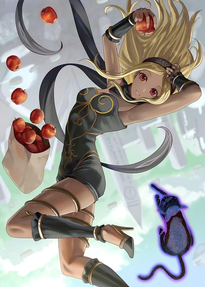 Anime Girl with Apples and Cat