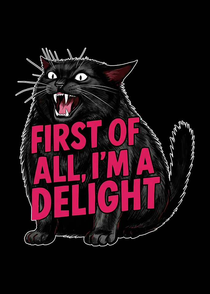 Angry Black Cat with Text first of all i am a delight