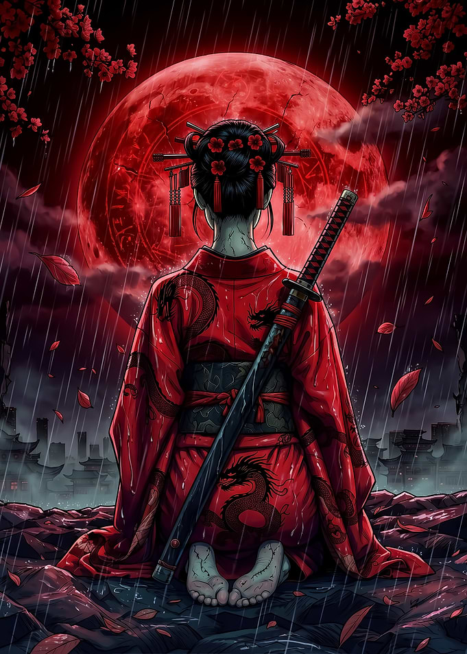 Geisha with Katana Under Red Moon