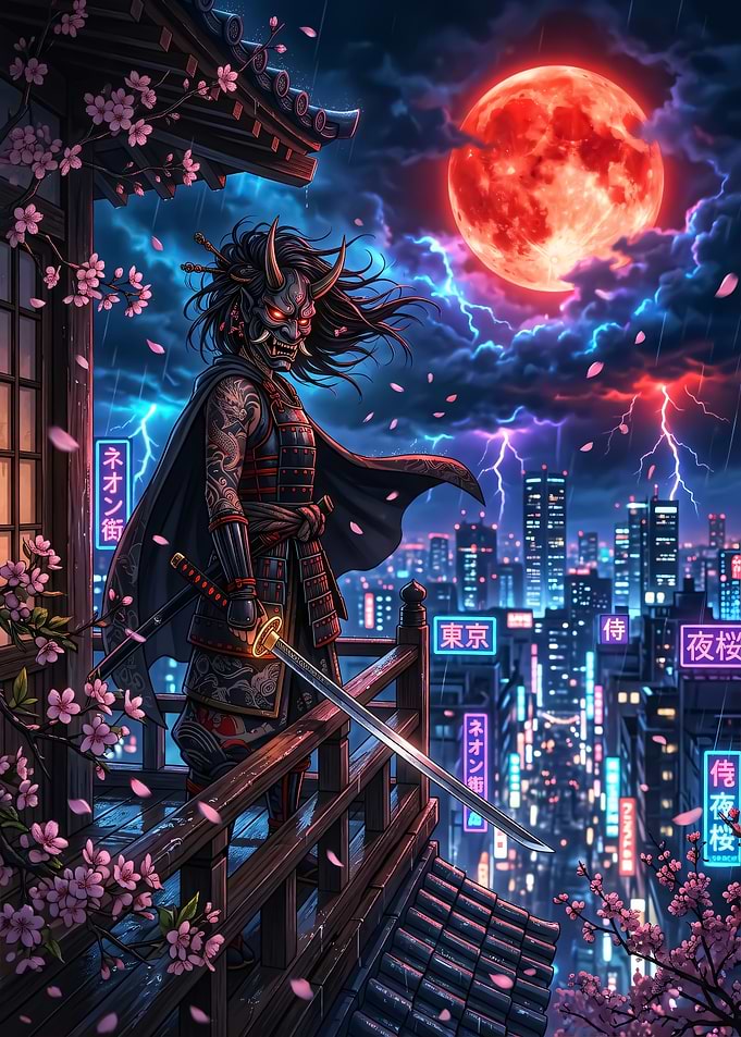 Samurai Warrior Under a Blood Moon