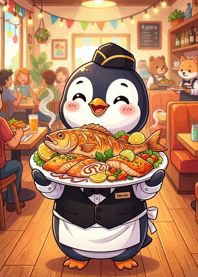 Penguin Server with Platter of Fish