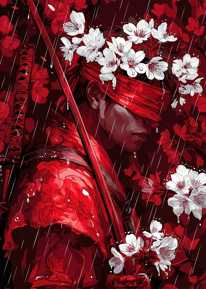 Blindfolded Samurai in Rain with Cherry Blossoms