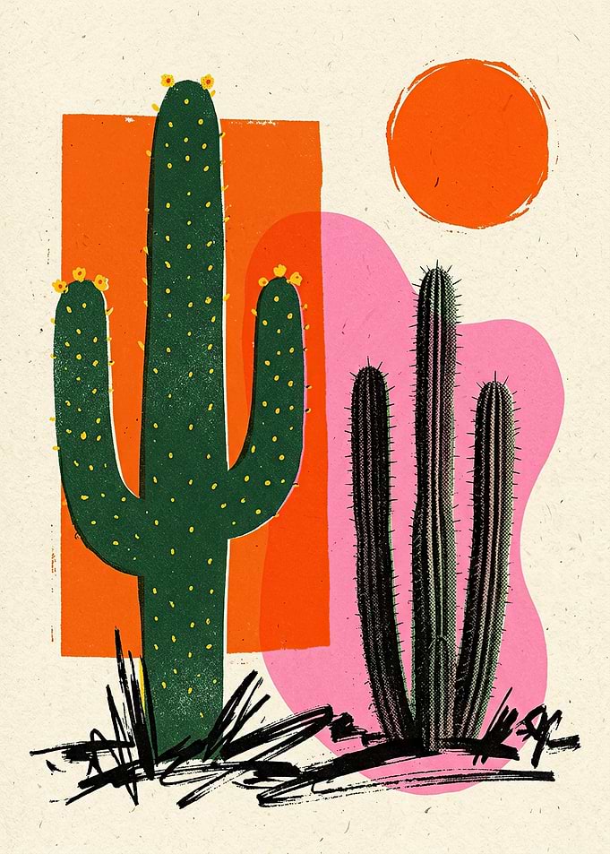 Desert Landscape with Cacti and Sun