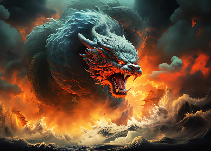 Fierce Dragon Emerging from Fiery Storm