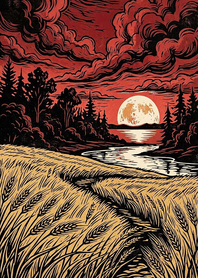 Moonlit Wheat Field and River Landscape