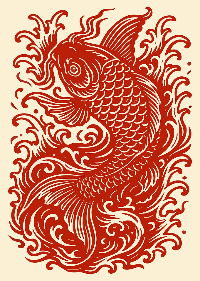 Red Koi Fish Japanese Woodblock Print Poster Traditional Asian Wall Art