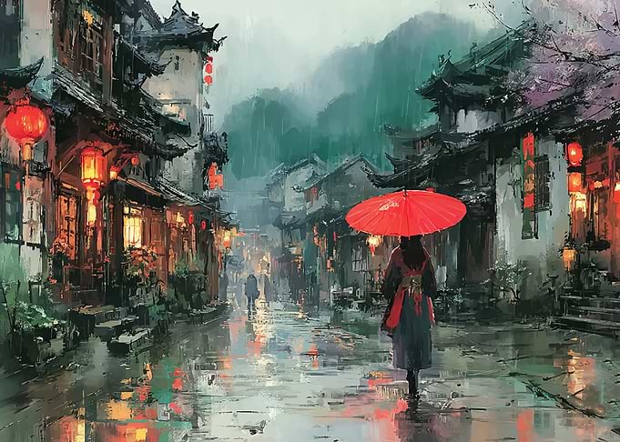 Rainy Street Scene with Red Umbrella