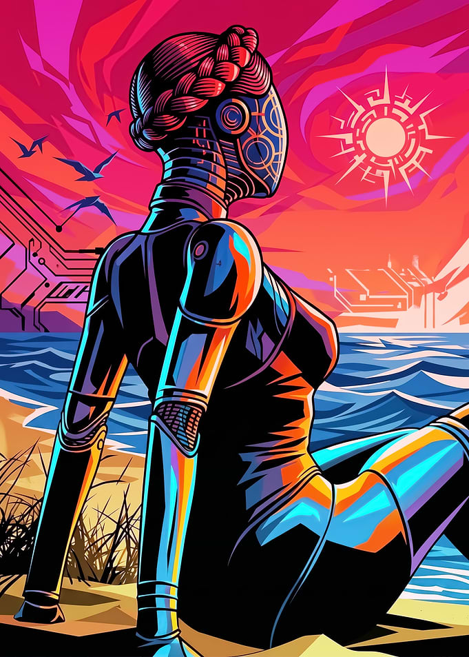 Robot on a Beach at Sunset