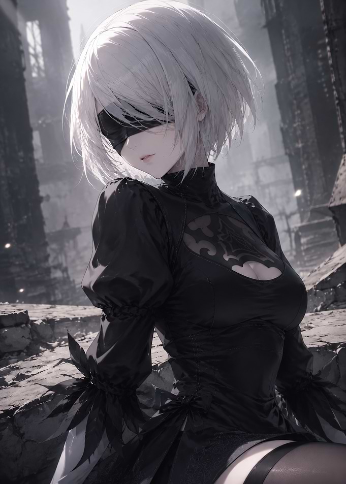 2B from NieR:Automata in a ruined city