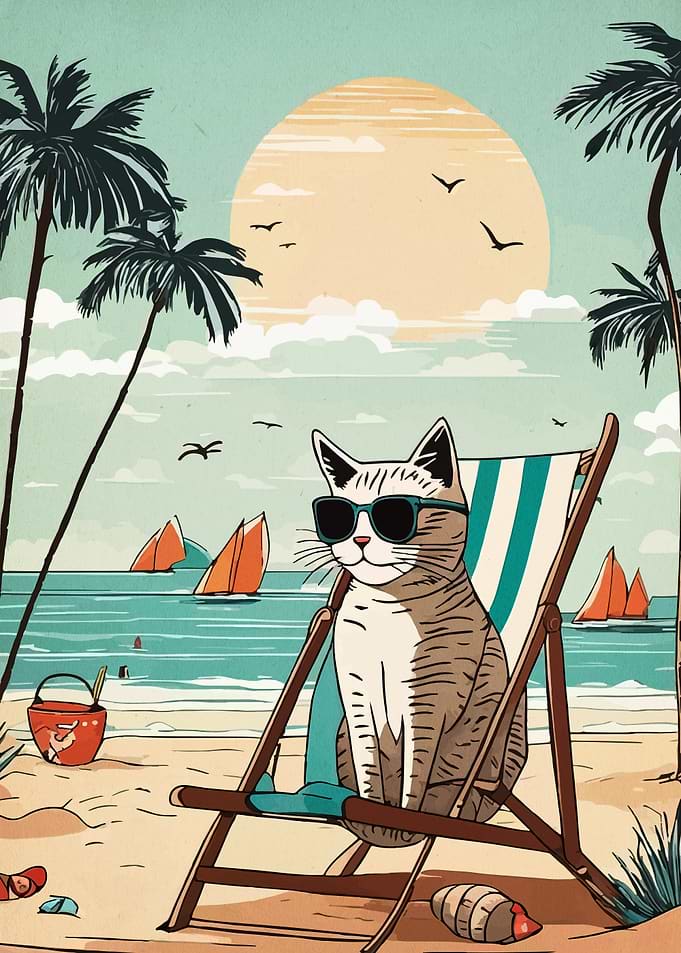 Cat on a beach chair at the beach