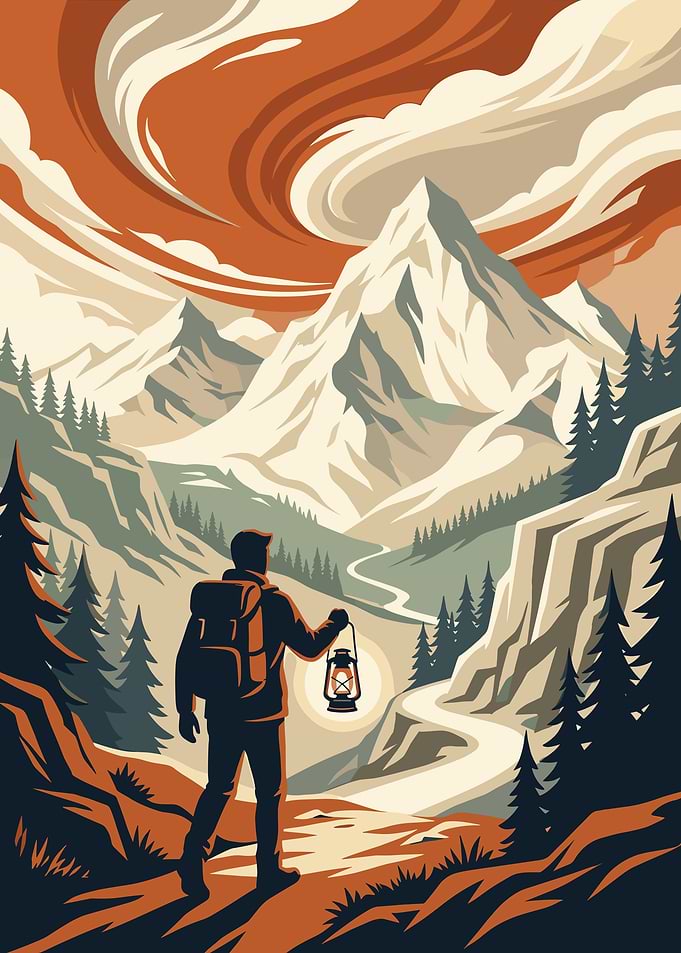 Hiker with Lantern in Mountains